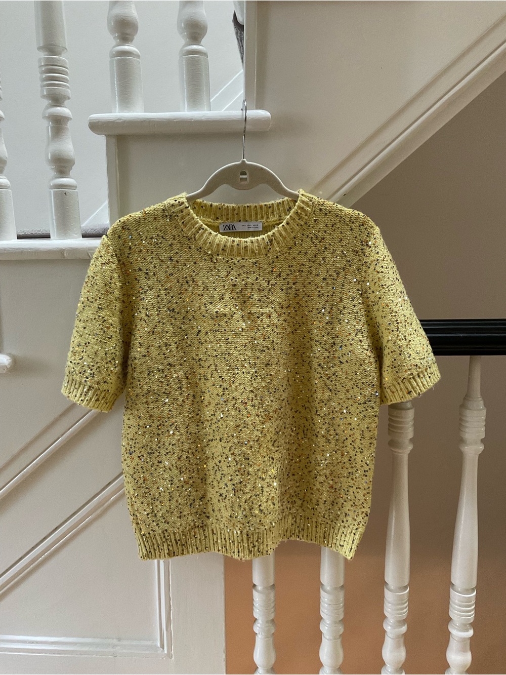 Zara Pale Yellow Short-Sleeve Sequin Knit Sweater - Picture 3 of 5